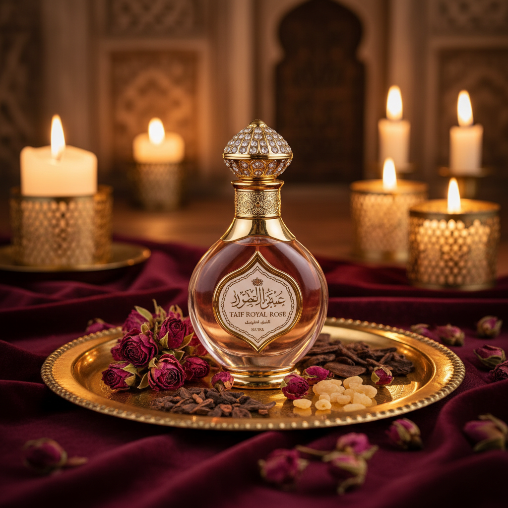 تفاصيل عبوة عطر ورد الطائف الملكي من رونق العود